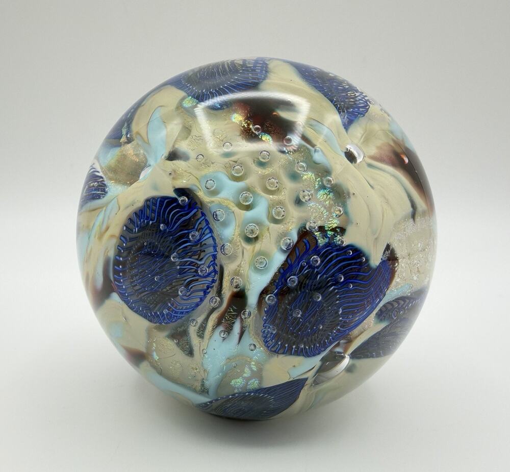 Handmade Art Glass Paperweight 3.5” Blue Anemone Controlled Bubbles Dichroic